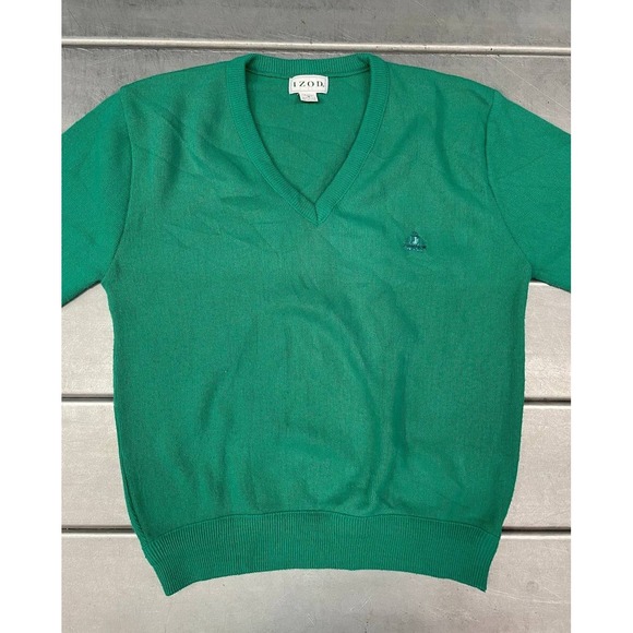 Vintage Izod Pullover Sweater Mens Medium Green Vneck Jumper Golf Performance - Picture 2 of 8